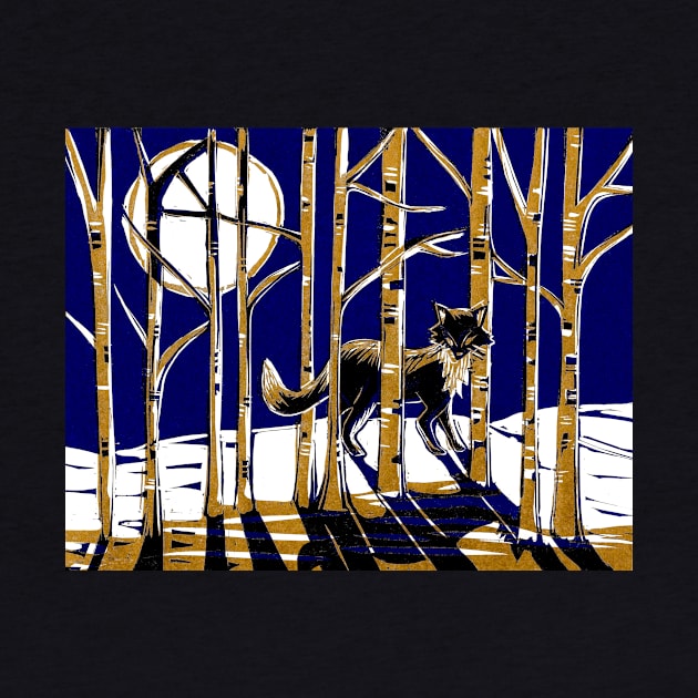 Fox in Moonlit Forest Linocut in blue and gold by Maddybennettart